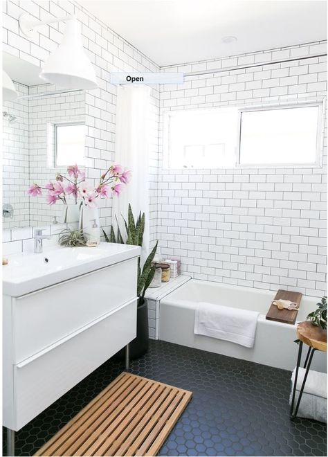 black hexagon tile floor Black Hex Tile Bathroom, Subway Tile Bathroom Floor, Hexagon Bathroom Floor Tile, Black Hexagon Tile Bathroom, Hexagon Bathroom Floor, White Tiled Bathroom, Hex Tiles Bathroom, Clean Shower Floor, Hexagon Tile Bathroom Floor