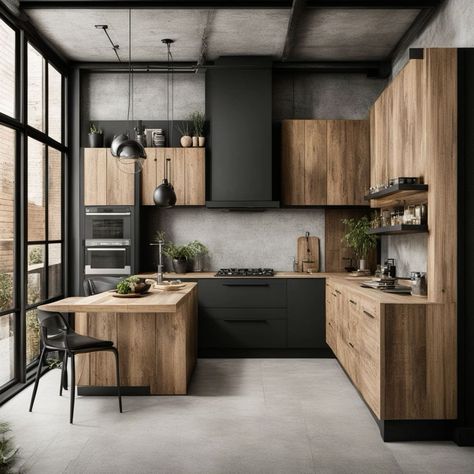 Have you ever wondered which modern kitchen design trends will endure? Discover the timeless features that will transform your culinary space for years to come. Kitchen Black And Wood Modern, Black Kitchen Aesthetic Modern, Kitchen Design Black And Wood, Wood And Dark Kitchen, Industrial Wood Interior Design, Japandi Industrial Interior, Black Kitchens With Wood, Black Japandi Kitchen, Black And Wood Kitchen Decor