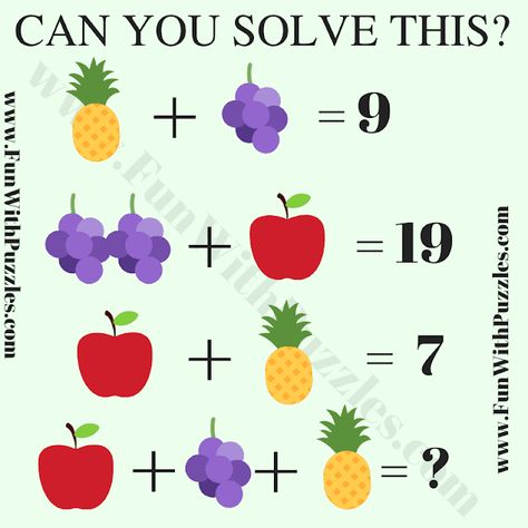 This is an easy Maths Quiz Puzzle Question for school-going kids. Solving this puzzle will test your algebraic skills. In this maths puzzle, are you shown some number equations. The variables in these number equations are represented by the fruits. Your challenge in this puzzle is to find the value of each fruit and then solve this last equation.This is an easy mathematical puzzle for kids. If you are a teen or adult then try to solve this puzzle without using paper or pen. Try to solve this puz Multiplication Quiz, Funny Quiz Questions, 7th Grade Math Worksheets, Logic Math, Math Quiz, Math Quizzes, Coin Flip, Gk Quiz Questions, Fun Quiz Questions