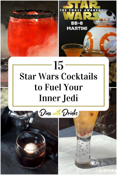 Collage of 4 star wars cocktails. Star Wars Shots Alcohol, May The Fourth Cocktails, Darth Vader Cocktail, Star Wars Inspired Drinks, Star Wars Bar Ideas, Star Wars Themed Cocktails, Star Wars Cocktails Recipes, Star Wars Alcoholic Drinks, Starwars Cocktail