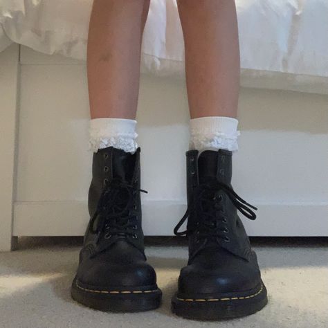 Doc Marten Boots Aesthetic, Docs With Ruffle Socks, Docs And Socks, Docs With Ribbon Laces, Lace Socks Aesthetic, Docs With Socks, K12 Outfit, Lily Rose Depp Paris, Lana Del Rey Shoes