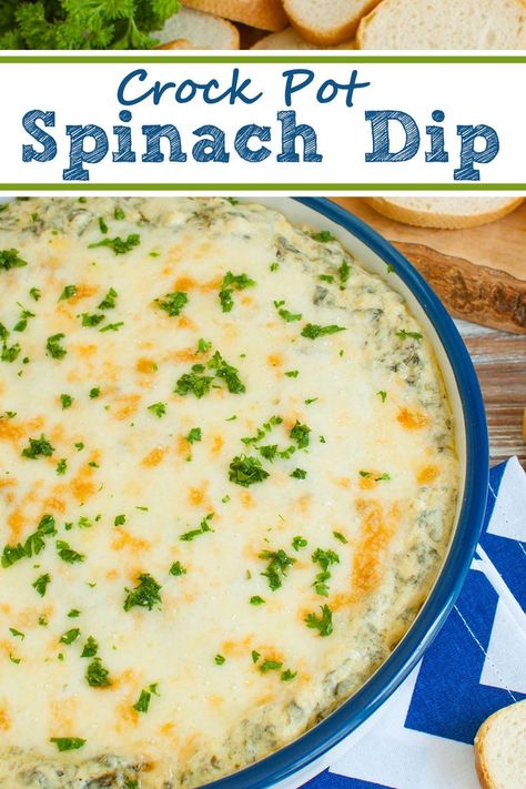 spinach dip in a blue and white dish with bread Crock Pot Spinach Dip, Warm Spinach Dip Recipe, Fresh Spinach Dip, Hot Spinach Dip Recipe, Warm Spinach Dip, Cheesy Spinach Dip, Make Ahead Appetizer, Dip Recipes Crockpot, Bread Chips