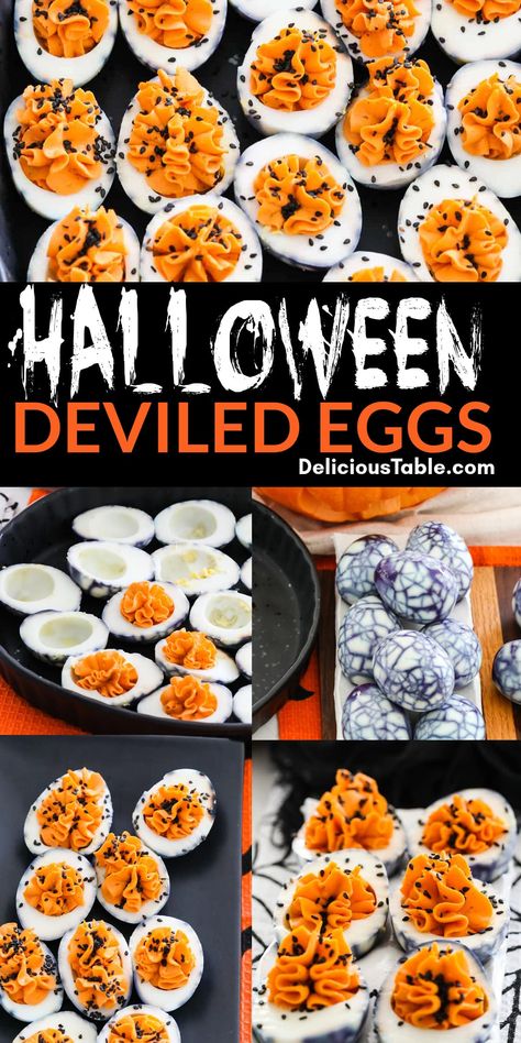 Halloween Deviled Eggs are spooky party appetizers with dark black crackled egg shells filled with bright orange filling. Add some black sprinkles of sesame seeds and pair with some Halloween cocktails or drinks at your Halloween party. Halloween Snacks Deviled Eggs, Halloween Food Ideas Deviled Eggs, Halloween Party Food Deviled Eggs, Halloween Food Diy Easy, Eye Deviled Eggs, Halloween Deviled Eggs Recipe, Spooky Deviled Egg Spiders, Spooky Spider Deviled Eggs, Monster Deviled Eggs