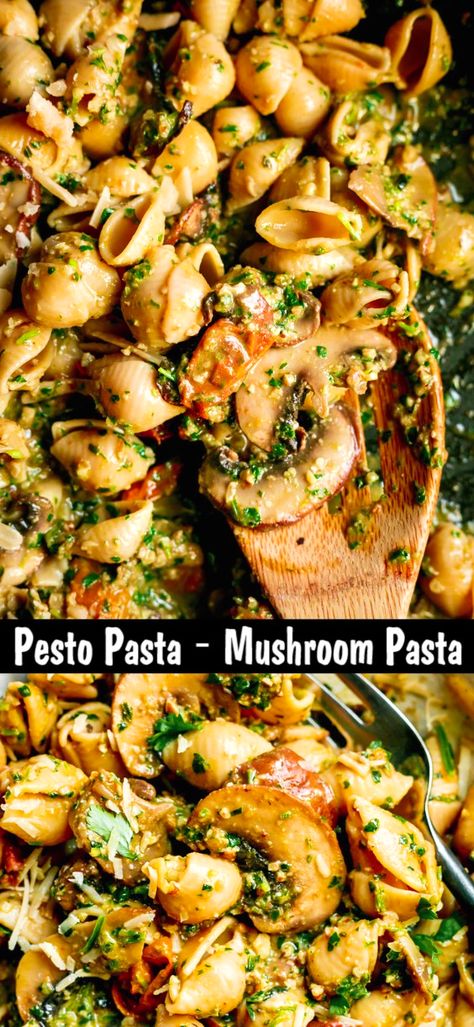 Basil Mushroom Pasta, Pesto And Mushroom Pasta, Homemade Pesto Pasta Sauce, Pesto Pasta With Mushrooms, Mushroom Feta Pasta, Pesto Mushroom Pasta, Homemade Pesto Pasta, Mushroom Pesto, Pasta Mushroom