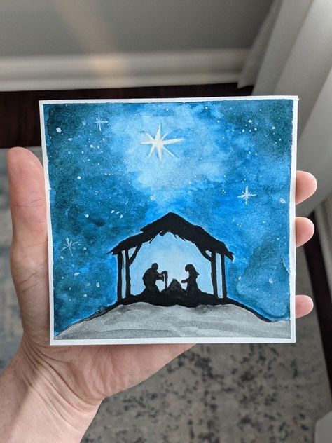 Watercolor Christmas Cards Nativity, Simple Nativity Watercolor, Nativity Watercolor Cards, Watercolor Nativity, Robin Drawing, Watercolor Christmas Cards Diy, Christmas Cards Drawing, Christmas Fair Ideas, Christmas Placemat