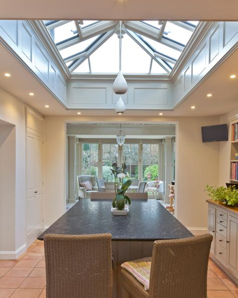 Attractive roof light with internal panelling Conservatory Kitchen Ideas, Modern Orangery, Lantern Roof Light, Orangery Interior, Kitchen Orangery, Conservatory Extension, Orangery Extension, Conservatory Kitchen, Conservatory Roof