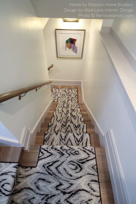 Black And White Patterned Stair Runner Custom Carpet, Remodelaholic UV18 H13 White Staircase With Runner, Stair Carpet Runner Ideas, Staircase With Runner, Stair Platform, Black And White Staircase, Diy Stair Runner, Barn Door Baby Gate, Diy Staircase Makeover, Stair Carpet Runner