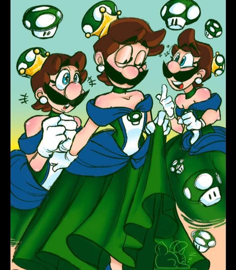 Luigi In A Dress Fanart, Female Luigi Fanart, Human Bowser X Luigi, Luigi X Bowser Ship Fanart, Female Luigi, Browser X Luigi, Funny Luigi, Princess Luigi, Luigi X Bowser