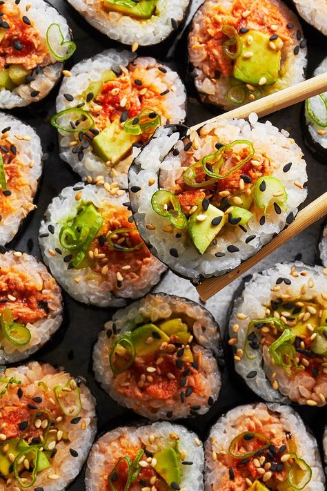 Spicy Tuna Roll - Delish.com Firecracker Salmon Recipes, Spicy Sushi, Tuna Sushi Rolls, Pescatarian Meals, Tuna Roll, Coconut Curry Shrimp, Meals For Dinner, Spicy Tuna Roll, Salmon Potato