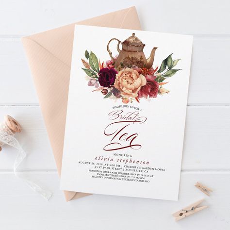 Copper Wedding Theme, Tea Invitations, Burnt Orange Flowers, Bridal Tea Invitations, Tea Party Invite, Tea Bridal Shower Invitations, Bridal Tea Party, Copper Wedding, Elegant Bridal Shower