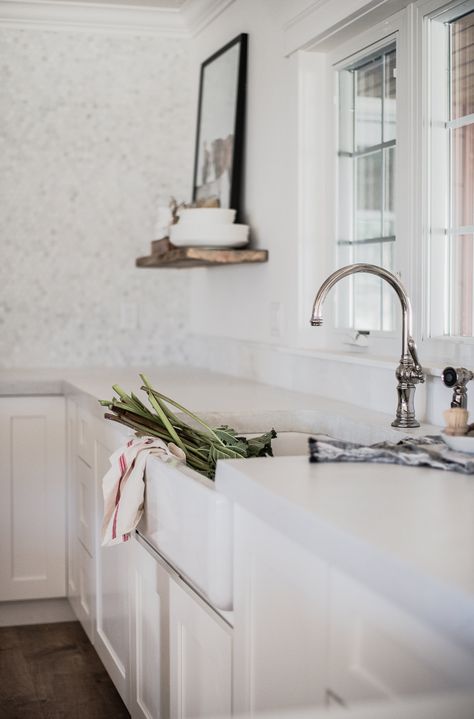 White Concrete Countertops in White Farmhouse Kitchen | boxwoodavenue.com White Soapstone Countertops, White Cement Countertops, Countertops White Cabinets, White Granite Kitchen, Concrete Countertops White Cabinets, Kitchen Dining Room Combo, Concrete Countertops Bathroom, Farmhouse Kitchen Backsplash, Concrete Countertops White