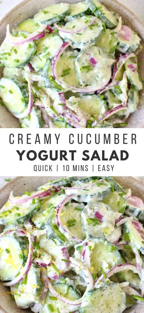 Greek Yogurt Cucumber Salad, Cucumber Yogurt Salad, Ciao Florentina, Yogurt Salad, Cucumber Dill Salad, Red Onion Recipes, Cucumber Yogurt, Creamy Cucumber Salad, Creamy Cucumbers