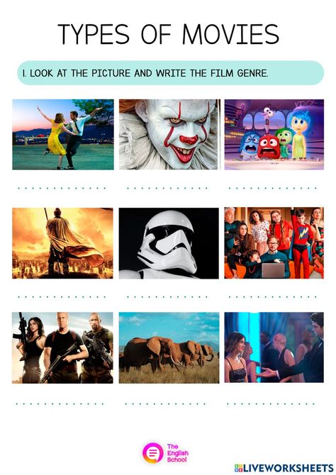 Film Genres worksheet for 6th grade Movies Genre, Types Of Movies, Genre Activities, Movie Worksheet, English Knowledge, English Ideas, English Worksheet, Go To The Cinema, Outdoor Cinema