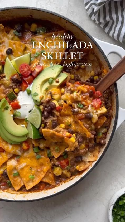 #healthyrecipeseasy Diced Meat Recipes, 15 Min Healthy Meals, Lean Red Meat Recipes, No Meat High Protein Meals, Easy Dishes To Bring To A Party, Rolled Enchiladas, Skillet Enchiladas, Beef Skillet, Enchilada Skillet