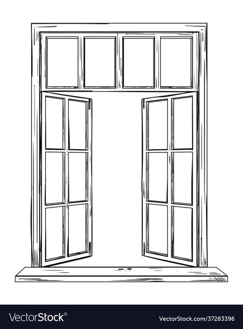 Open Window Wallpaper, Drawing Windows Illustration, Bay Window Drawing, Windows Drawing Sketch, Window Aesthetic Drawing, Open Window Illustration, How To Draw A Window, Window Drawing Reference, Open Window Tattoo