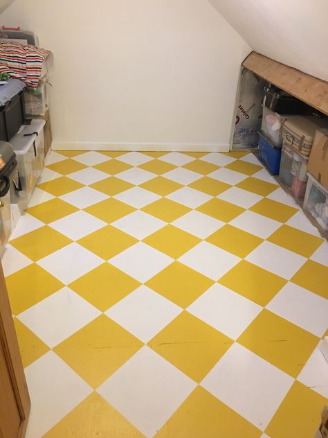 Yellow Checkered Floor, 50s Flooring, Checkered Floor Kitchen, Frog Kitchen, Red Tile Floor, Yellow Floor, Floor Paint, Yellow Tile, Bagel Shop