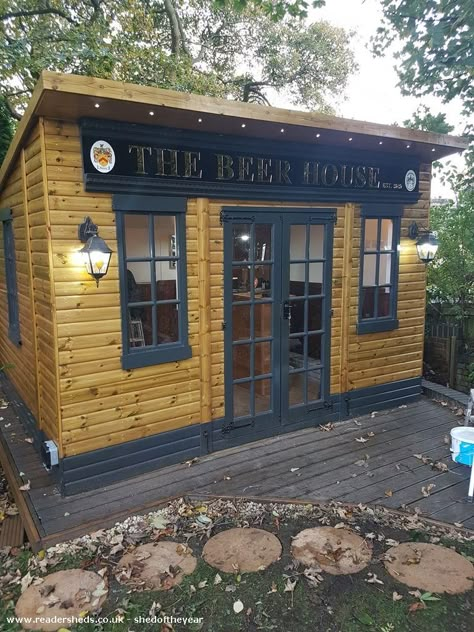 The beer house, Pub/Entertainment, Lancashire owned by Sheddie Colin thwaytes | #shedoftheyear Tiny Pub Ideas, Outdoor Mancave Ideas, Beer House Design, Backyard Pub Shed Ideas, She Shed Bar Ideas, Shed Pub Ideas, Backyard Pub Shed, Outdoor Shed Bar, Man Cave Shed Ideas