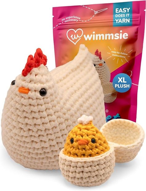 Amazon.com: Wimmsie Crochet Animal Kit for Beginners - Easy Beginner Crochet Kit for Kids - Amigurumi Chicken Chick & Egg - 3 Kawaii Stuffed Animals - Cute DIY Yarn Plush Crochet Chicks, Kawaii Stuffed Animals, Amigurumi Chicken, Egg Laying Chickens, Crochet Ornament Patterns, Chicken Chick, Crochet Chicken, Diy Yarn, Crochet Ornaments