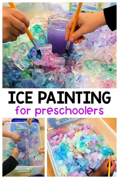 Colours Sensory Bin, Painting Sensory Activities, Water Themed Preschool Activities, Ice Science Preschool, Water Study Preschool Activities, Ice Art For Kids, Painting Ice Cubes, Ice Lesson Plans For Preschool, Preschool Water Study