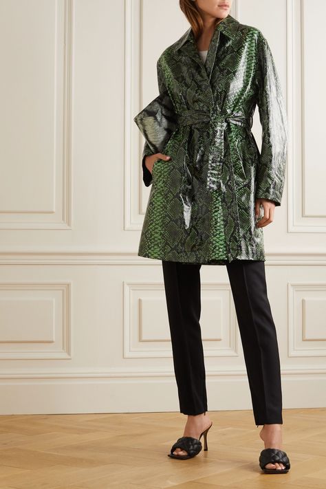 Bottega Veneta Mules, Green Snake, Alexandre Vauthier, Print Coat, Urban Style, Formal Outfit, Dries Van Noten, Wearing Clothes, Leather Coat