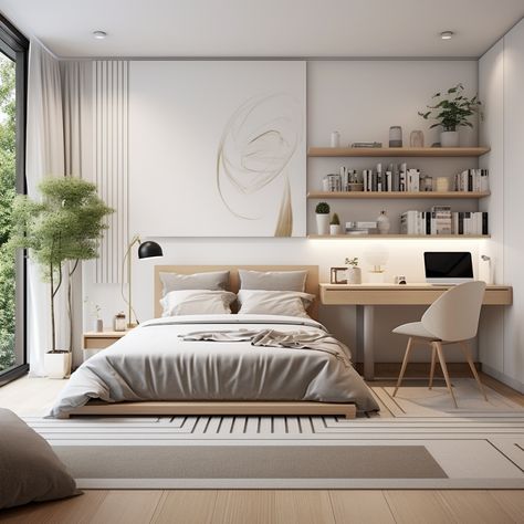 Step into serenity with these minimalist bedrooms, featuring nature-inspired elements, light color palettes, and Asian-inspired decor. Enjoy the blend of cartoonish simplicity and highly detailed renderings. #ZenBedrooms #MinimalistDesign #AsianInspired #CartoonishStyle Minimalist Bedroom With Study Table, Zen Desk Decor, Zen Minimalist Bedroom, Bedroom 16m2 Design, Japandi Master Bedrooms Decor, Modern Japanese Bedroom Aesthetic, Simple Bedroom Ideas Minimalism, Modern Zen Bedroom, Minimal Bedroom Interior