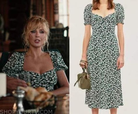 Yellowstone: Season 4 Episode 2 Beth’s Green Floral Midi Dress Beth Dutton Green Dress, Beth Dutton Yellowstone Dresses, Beth Dutton Wardrobe, Beth Dutton Shoes, Beth Dutton Style Dresses, Beth Dutton Clothes, Yellowstone Beth Outfits, How To Dress Like Beth Dutton, Beth Dutton Inspired Outfits