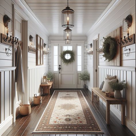 Include elements such as white shiplap walls, tasteful rustic light fixtures, dark hardwood flooring, and vintage area rugs. The hallway should lead to a welcoming door with a wreath hanging on it. Incorporate features like a wooden bench, coat hooks on the wall, and a console table with a vase of fresh flowers. This hallway is meant to serve as inspiration for a home remodel. Western Farmhouse Entryway, Country House Hallway Ideas, Rustic Home Entrance, Entry Hallway Ideas Farmhouse, Cozy House Entryway, Vintage Farmhouse Entryway, Country Style Entry Way, Country Home Entrance, Breezeway Decor Ideas