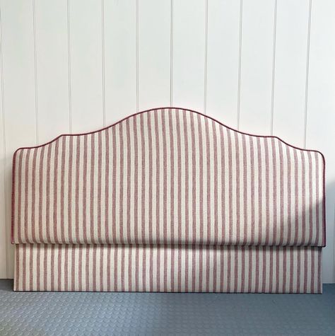 Another bespoke headboard in our favourite rose ticking stripe from @penny_morrison_ltd @the_fabric_collective using the reverse of the… | Instagram Headboard With Contrast Piping, Zip And Link Headboards, Liberty Fabric Headboard, Fermoie Fabric Headboard, Ticking Stripe Headboard, Striped Bed Frame, Striped Headboard Bedroom, Diy Scalloped Headboard, Girly Headboard