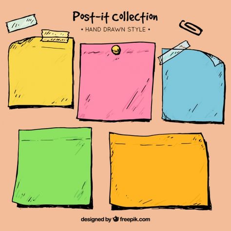 Collection of hand drawn sticky notes Free Vector Sticky Note Painting, Doodle On Sticky Notes, Post It Note Illustration, Post It Notes Illustration, Bujo Sticky Note Doodle, Sticky Note Drawings Cute, Printing On Post It Notes Template, Content Words, Drawings For Boyfriend