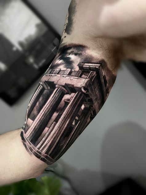 Bicep Greek Tattoo, Greek Inner Bicep Tattoo, Roman Architecture Tattoo, Greek Pillar Tattoo, Acropolis Tattoo, Greek Architecture Tattoo, Parthenon Tattoo, Bicep Tattoo Men Ideas, Inner Bicep Tattoo Men Ideas