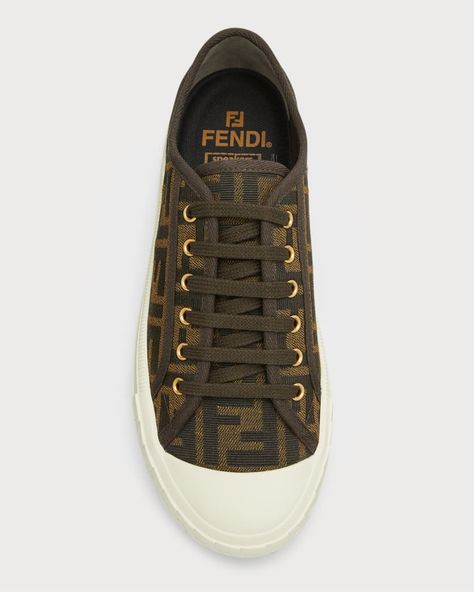 FENDI FF Jacquard Low-Top Sneakers $650.00 Chic Shoes, High Top Sneaker, Brown Sneakers, Brown Brown, Leather Cap, Mua Sắm, Brown Canvas, Sneaker Heels, Toe Designs