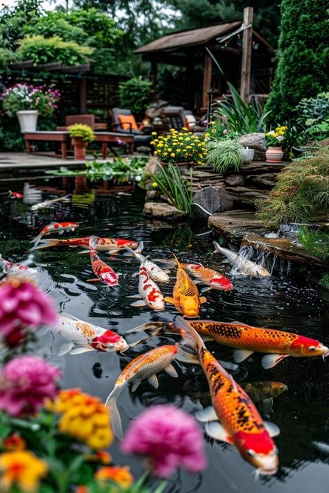 Koi Fish Pond Ideas for Serene Backyard Retreats Beautiful Koi Ponds, Coy Fish Pond Backyard, Diy Koi Fish Pond, Home Koi Pond, Small Koi Pond Ideas, Koi Fish Pond Backyard, Huevember 2024, Backyard Koi Pond Ideas, Koi Pond Aesthetic