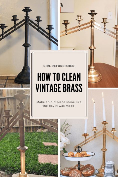 How to Clean Vintage Brass. My favorite method of polishing vintage brass items. From extreme patina to shiny brass - you only need three items.  Girl Refurbished #diyhomedecor #diyprojects #vintagebrass #vintage #brass How To Polish Brass, Sunroom Makeover, Diy Porch Decor, Diy Window Treatments, Bar Keepers Friend, Diy Home Accessories, Brass Items, Vintage Hardware, Diy Window