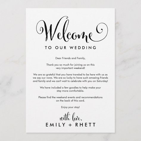 These southern belle wedding welcome letter & itinerary cards are perfect for a modern wedding. The minimalist design features rustic yet elegant black and white typography with whimsical flourishes for a simple look. The front of the card features a welcome letter and the back of the card features the wedding itinerary. These notes are perfect for destination weddings and hotel guest welcome bags. Southern Belle Wedding, Wedding Welcome Letter, Wedding Welcome Letters, Romantic Wedding Centerpieces, Program Wedding, Destination Wedding Welcome Bag, Welcome Letter, Rustic Elegant Wedding, Wedding Itinerary