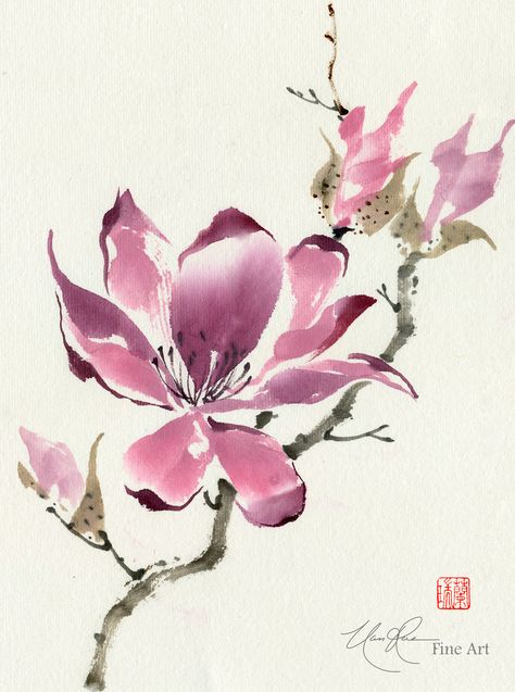 Chinese Magnolia | "The Unfolding" - Original Brush painting by Nan Rae Chinese Flower Tattoo, Chinese Brush Painting Flowers, Chinese Magnolia, Chinese Painting Flowers, Japan Flower, Chinese Flowers, Chinese Artwork, Chinese Flower, Chinese Art Painting