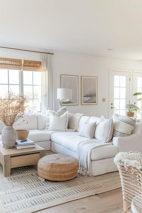 Bright and airy Modern Farmhouse Living Room featuring white furniture, natural textures, and minimalist decor for a cozy, stylish space. Cozy Lounge Ideas, Simple Farmhouse Interior, Coastal Cozy Living Room, Cream Sectional Living Room, Modern Coastal Farmhouse Living Room, White Wall Living Room, Farmhouse Modern Living Room, Sofa Lino, White Sofa Decor