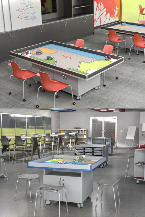 Choose from a variety of heights and widths for a robotics table that suits a wide range of classrooms, makerspaces, or a STEM/STEAM learning spaces. #MiEN #Education #SchoolFurniture #Innovation #21stcenturylearning #Collaboration #k12 #LearningSpaces #FlexibleSeating #makerspace #robitics #esports Robotics Room School, Robotic Classroom Design, Robotics Classroom Design, Steam Lab Design, Future Classroom Design, Stem Classroom Design, Maker Space Design, Robotics Classroom, Stem Lab Design