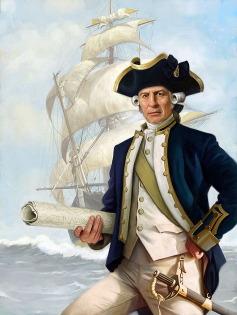 Captain James Cook (1728-1779) was a British explorer, navigator, cartographer, and captain in the Royal Navy. Cook made detailed maps of Newfoundland prior to making three voyages to the Pacific Ocean, during which he achieved the first recorded European contact with the eastern coastline of Australia and the Hawaiian Islands, and the first recorded circumnavigation of New Zealand. Explorer Outfit, Important People In History, Captain James Cook, Navy Admiral, James Cook, Captain Cook, Navy Uniforms, Sea Captain, Pirate Costume