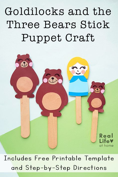 Here are step-by-step directions and free printable templates for a set of stick puppets Goldilocks and the Three Bears craft for kids. Bear Activities Preschool, Three Bears Activities, Fairy Tales Preschool Activities, Bear Puppet, Puppet Template, Stick Puppet, Bears Preschool, Fairy Tales Preschool, Bear Template