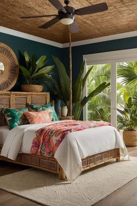 Bahama Decor Interior Design, Caribbean Colonial Decor, Hawaiian Inspired Decor, Resort Style Master Suite, Tropical Luxe Bedroom, Caribbean Room Ideas, Polynesian Style Home, Caribbean Interior Design Tropical Style, Tropical Oasis Bedroom