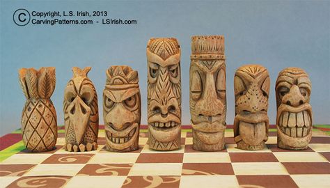 free tiki craft | Tiki Chess Set, Beginner's Wood Carving Project by Lora S. Irish Tiki Faces, Wood Carving For Beginners, Tiki Totem, Tiki Art, Carving Wood, Chess Sets, Carving Patterns, Easy Wood, Wood Carving Patterns