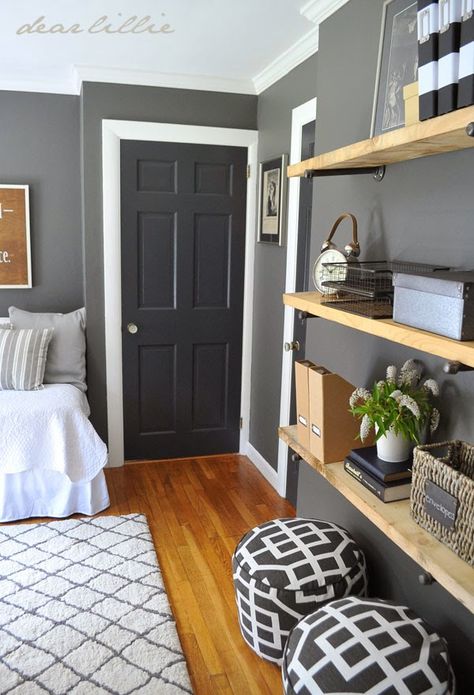 Grey Walls White Trim, Pintu Interior, Home Office/guest Room, Dear Lillie, Dark Grey Walls, Gray Walls, Office Guest Room, Guest Room Office, Black Door