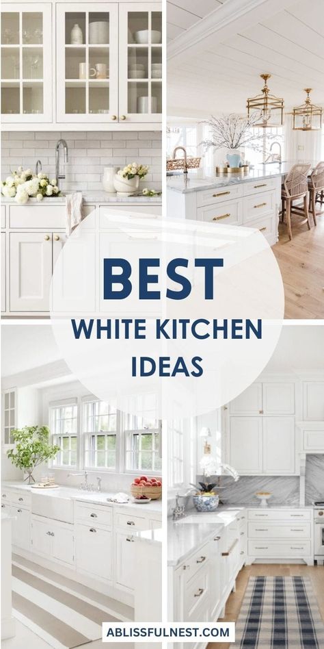 Looking for kitchen inspo? Explore these stunning white kitchen ideas that add elegance and light to your home. Whether you love sleek and modern or cozy and traditional, we've got you covered! #kitchendesign #whitekitchenideas #ABlissfulNest White Kitchens With Peninsula, Bright Farmhouse Kitchen, White Kitchen Island Ideas, White Kitchens Ideas, Traditional White Kitchen Cabinets, All White Kitchens, Traditional White Kitchen, White Cabinets Kitchen, Luxury White Kitchen