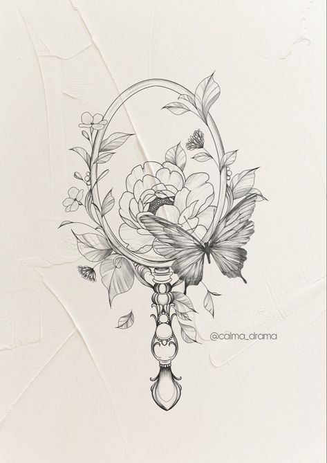 Mirror Flower Tattoo, Mirror With Flowers Tattoo, Frame With Flowers Tattoo, Victorian Floral Tattoo, Hand Holding Mirror Tattoo, Vintage Mirror Tattoo Design, Framed Floral Tattoo, Vintage Hand Mirror Tattoo, Floral Frame Tattoo