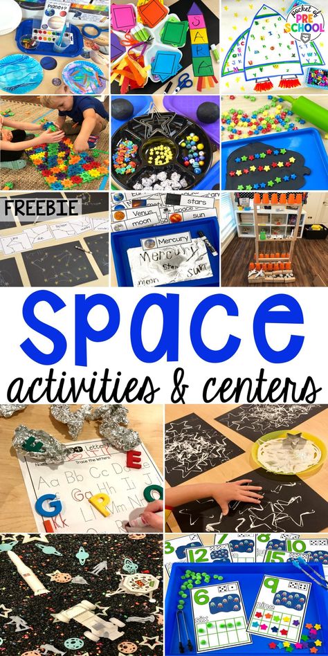 Space activities for a space theme and center ideas for preschool, pre-k, and kindergarten to blast off their learning potential (math, literacy, sensory, fine motor, STEM, blocks, art, and MORE) Center Ideas For Preschool, Space Activities Preschool, Astronaut Activities, Outer Space Crafts For Kids, Space Lesson Plans, Outer Space Activities, Preschool Language Arts, Outer Space Crafts, Planets Activities