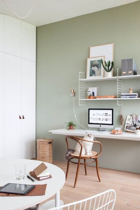 | Creative Workspace | Beautiful Home Office | Office Design |    #inspiration #creativeworkspace #officedecor Gray Office Walls, Light Gray Office, Green Home Offices, Gray Office, Light Green Walls, Cottage Interior Design, Cozy Home Office, Cottage Interior, Dekorasi Kamar Tidur