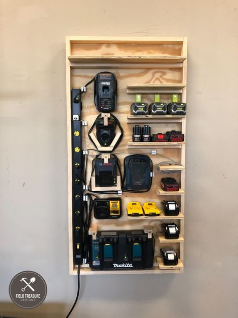 DIY Battery Charging Station - Field Treasure Designs Battery Charging Station, Garage Organisation, Garage Workshop Organization, Garage Atelier, Power Tool Storage, Small Garage, Garage Tool Storage, Garage Organization Diy, Tool Storage Diy