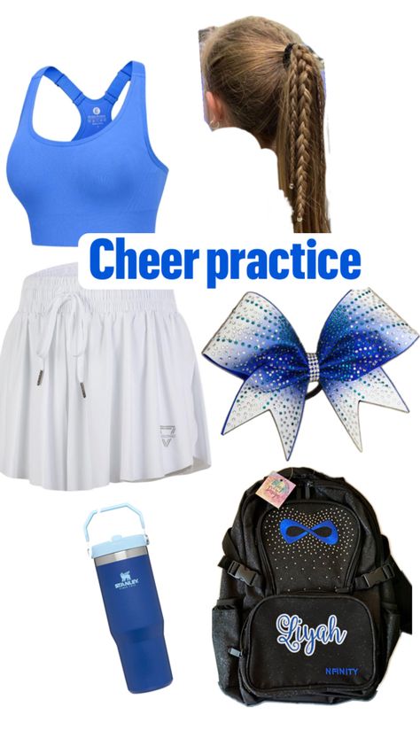 Blue cheer practice outfit🦋 Cheerleading Outfits For Practice, Outfits For Practice, Cheer Practice Outfits, Cheer Practice Wear, Cheerleading Workout, Cheer Costumes, Cheer Hacks, Dance Style Outfits, Blue Cheer