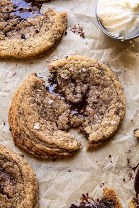 Giant Salted Espresso Hot Fudge Cookies. - Half Baked Harvest Half Baked Harvest Recipes, Chocolate Fudge Sauce, Fudge Cookies, Nutella Cookies, Harvest Recipes, Half Baked, Fudge Sauce, Half Baked Harvest, Baking Project