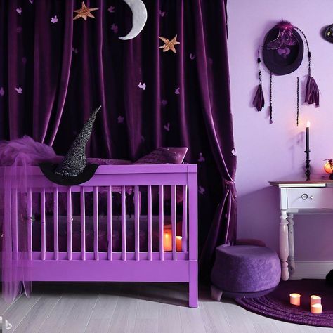 Dark Purple Nursery Ideas, Purple Baby Room, Witchy Nursery, Goth Nursery, Purple Baby Rooms, Celestial Nursery, Bedroom Purple, Purple Goth, Purple Nursery